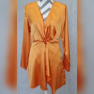 Tangerine Satin Long Sleeve Wrap Dress